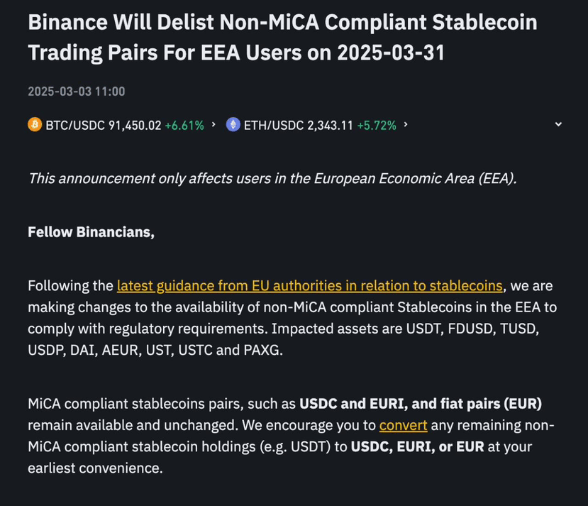 Binance Drops USDT Pairs in&nbsp;Europe